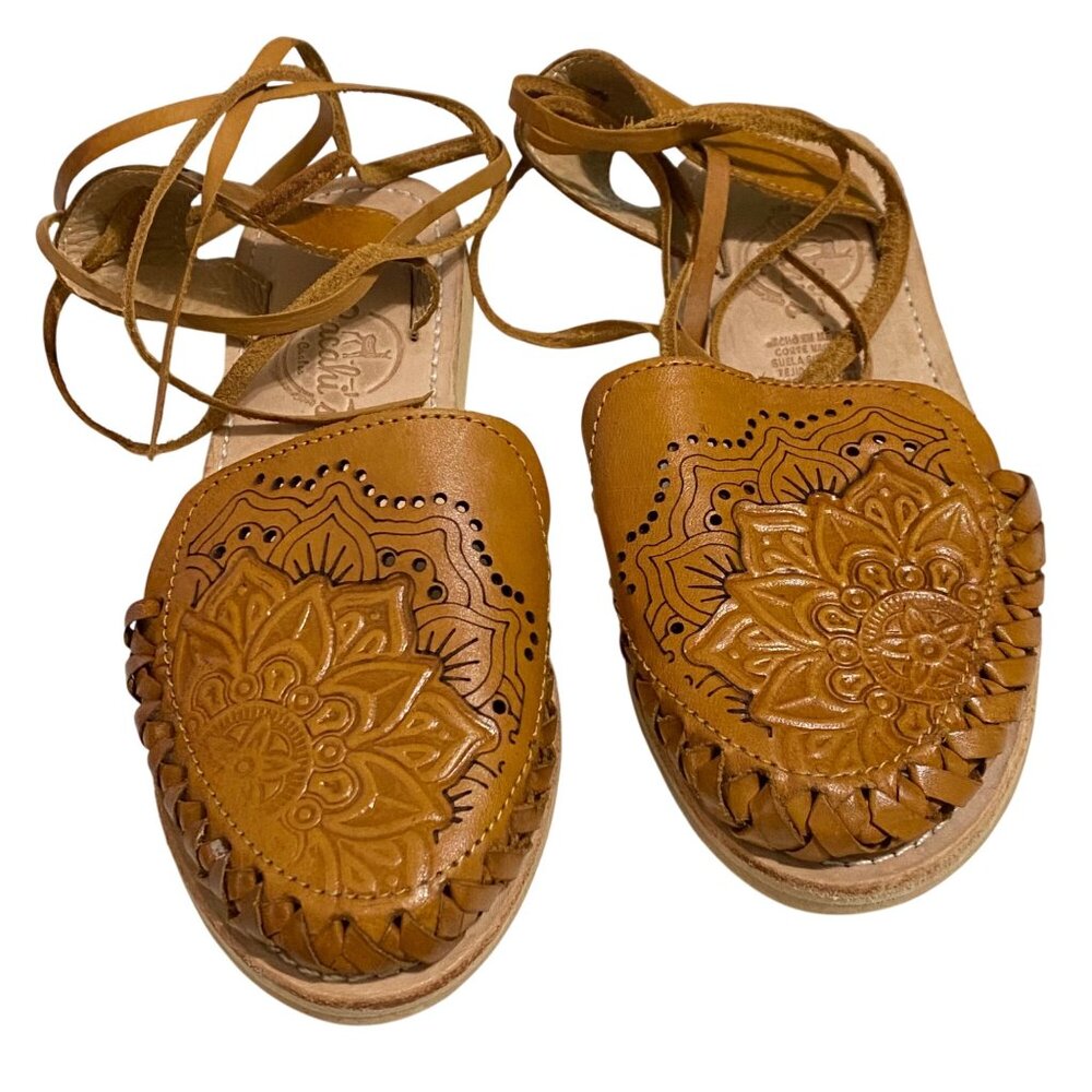Cacahi's Mexican Huarache Lace Up Sandals Womens Size 6 Tan Beach Culture Boho‎